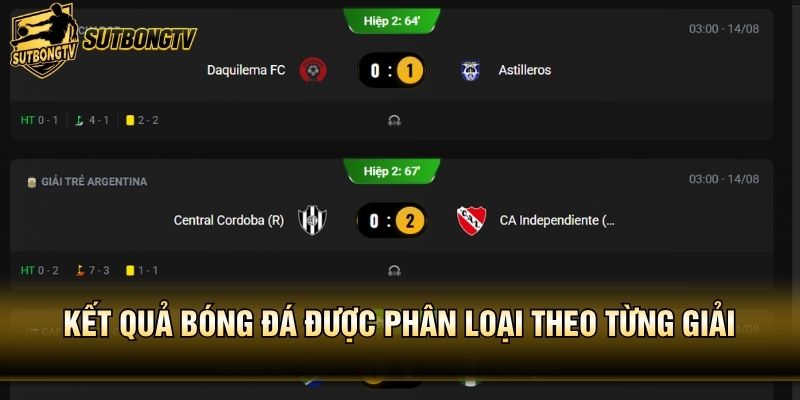 Kết quả bóng đá được phân loại theo từng giải
